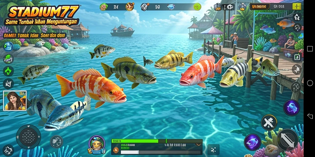 Screenshot gameplay STADIUM77 menampilkan aksi seru dalam menembak ikan.